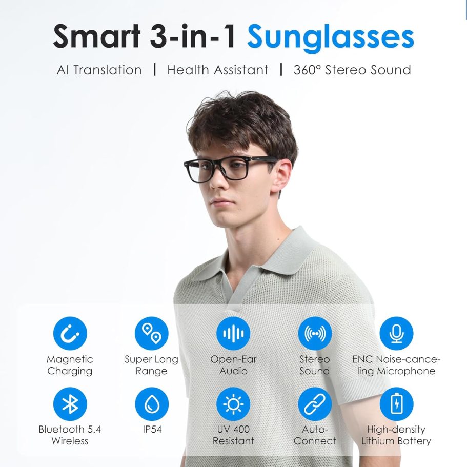 Bluetooth Smart Glasses for Men & Women, Anti-Blue Light, AI Translator Powered by ChatGPT, 11H Life, Voice Control, Audio Smart Eyewear for Gaming Travel Meeting Memos - Image 2